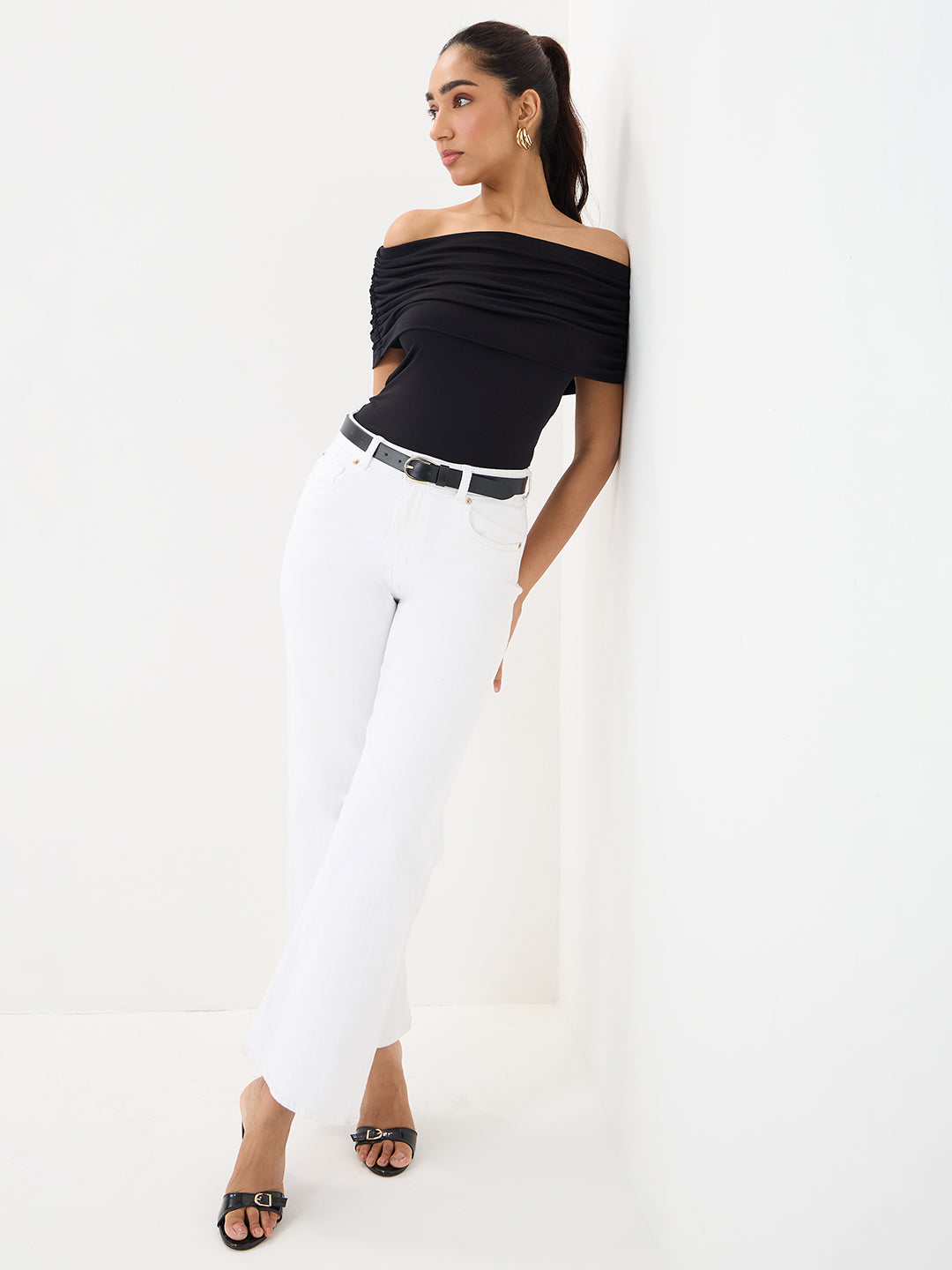 Bamboo Black Knit Off Shoulder Top