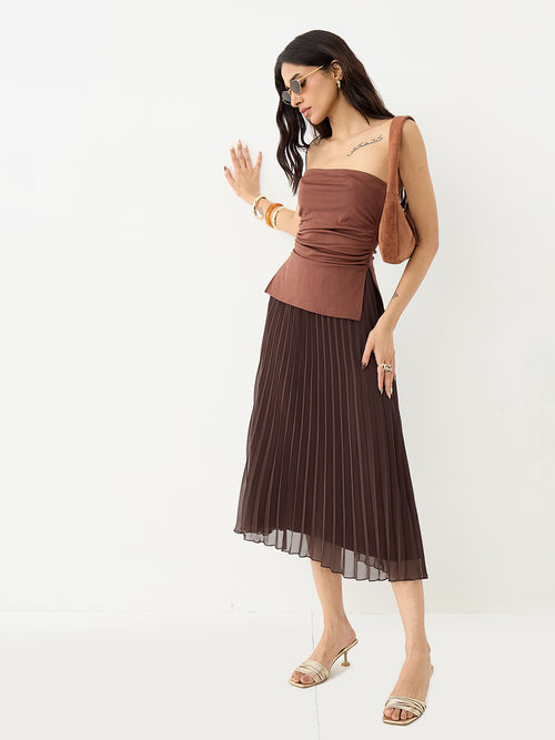 Brown Pleated Midi Skirt