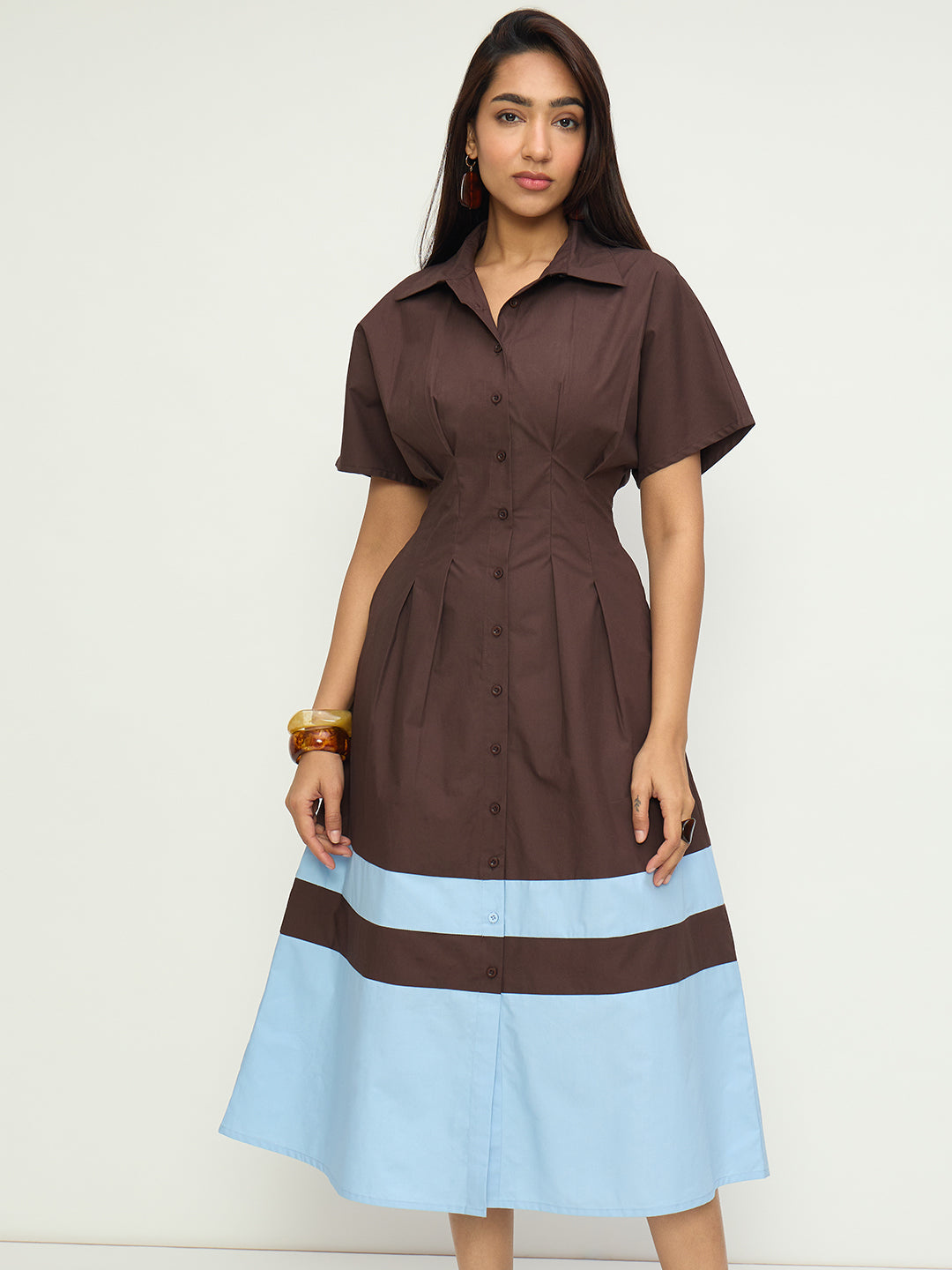 Brown And Blue Poplin Colorblock Calf Length Dress