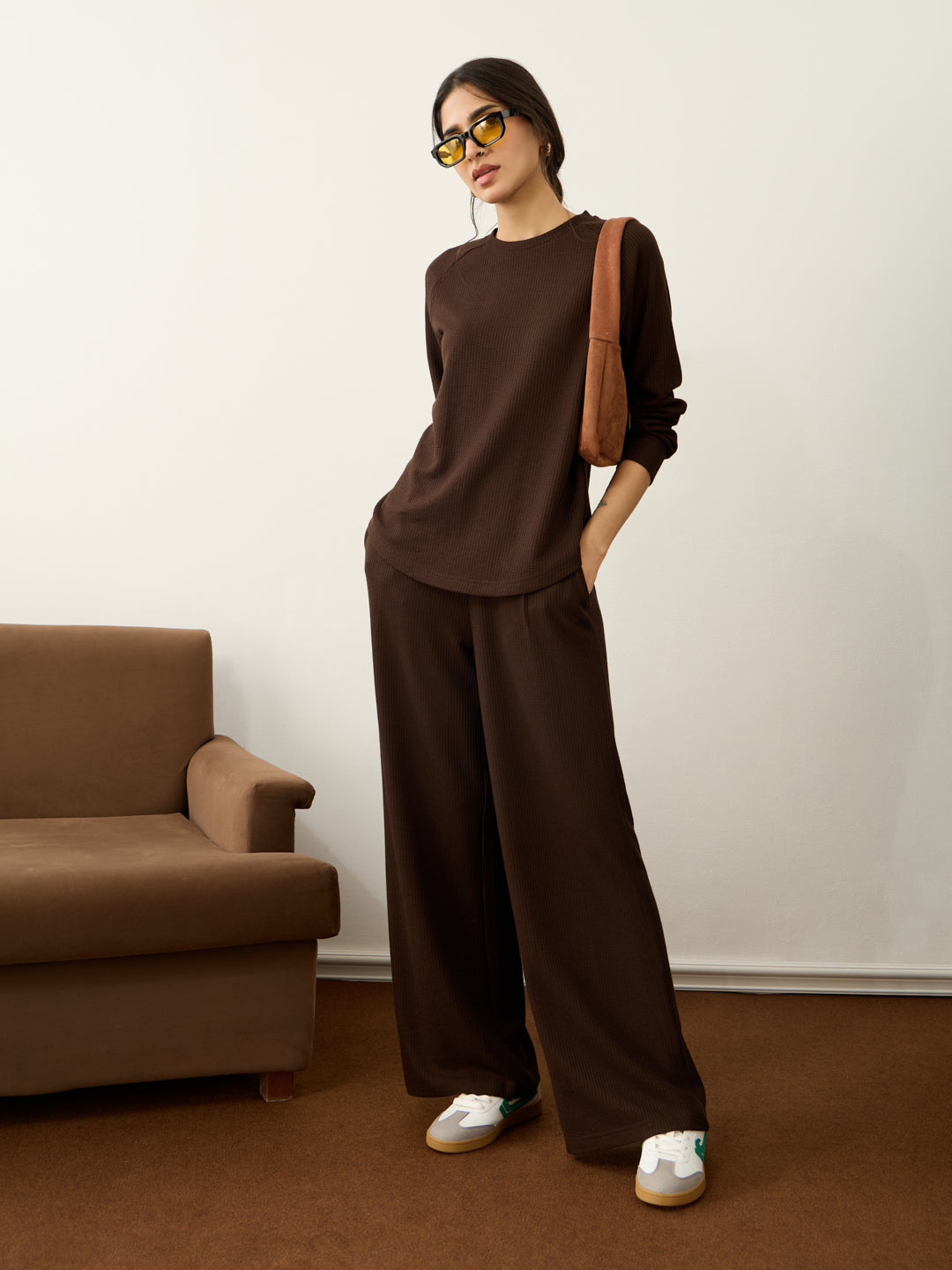 Brown Waffle Crew Neck Co-Ord Set
