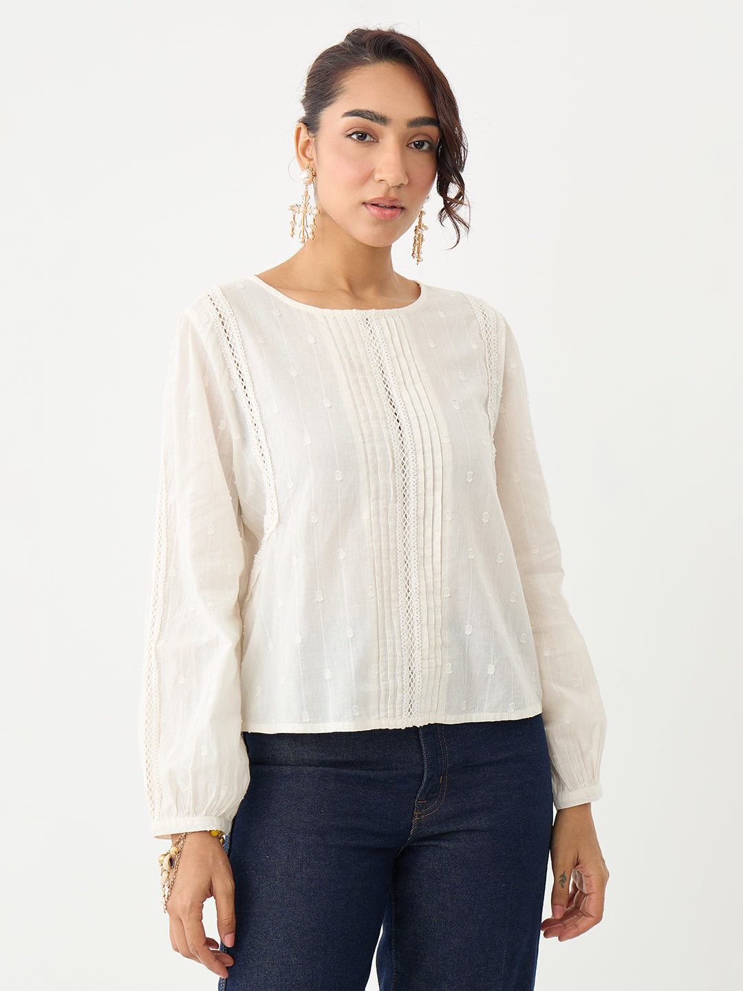 Off-White Lace Insert Pleated Front Top