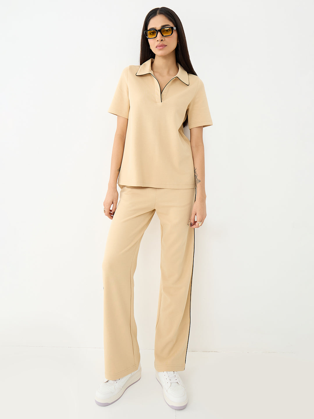 Beige With Contrast Edge Knit Co-Ord