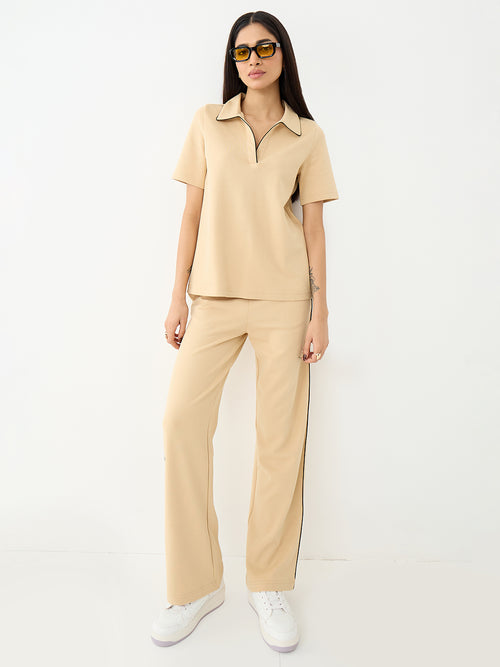 Beige With Contrast Edge Knit Co-Ord