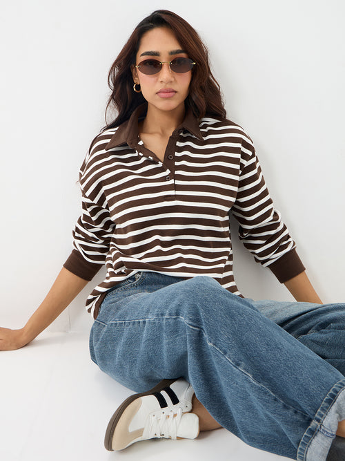 Brown Stripe Collared T-Shirt