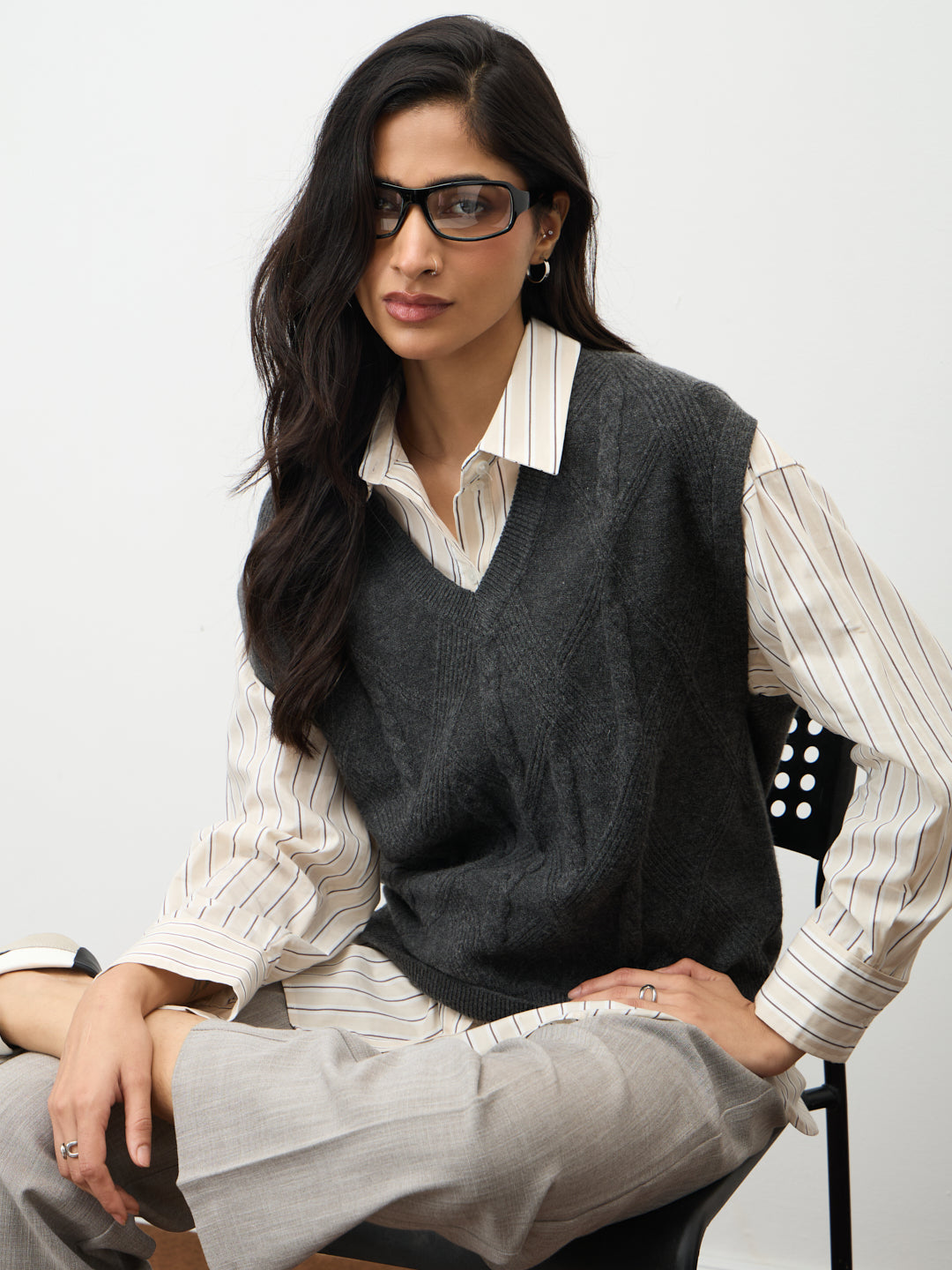 Grey Melange Cable Knit Sweater Vest