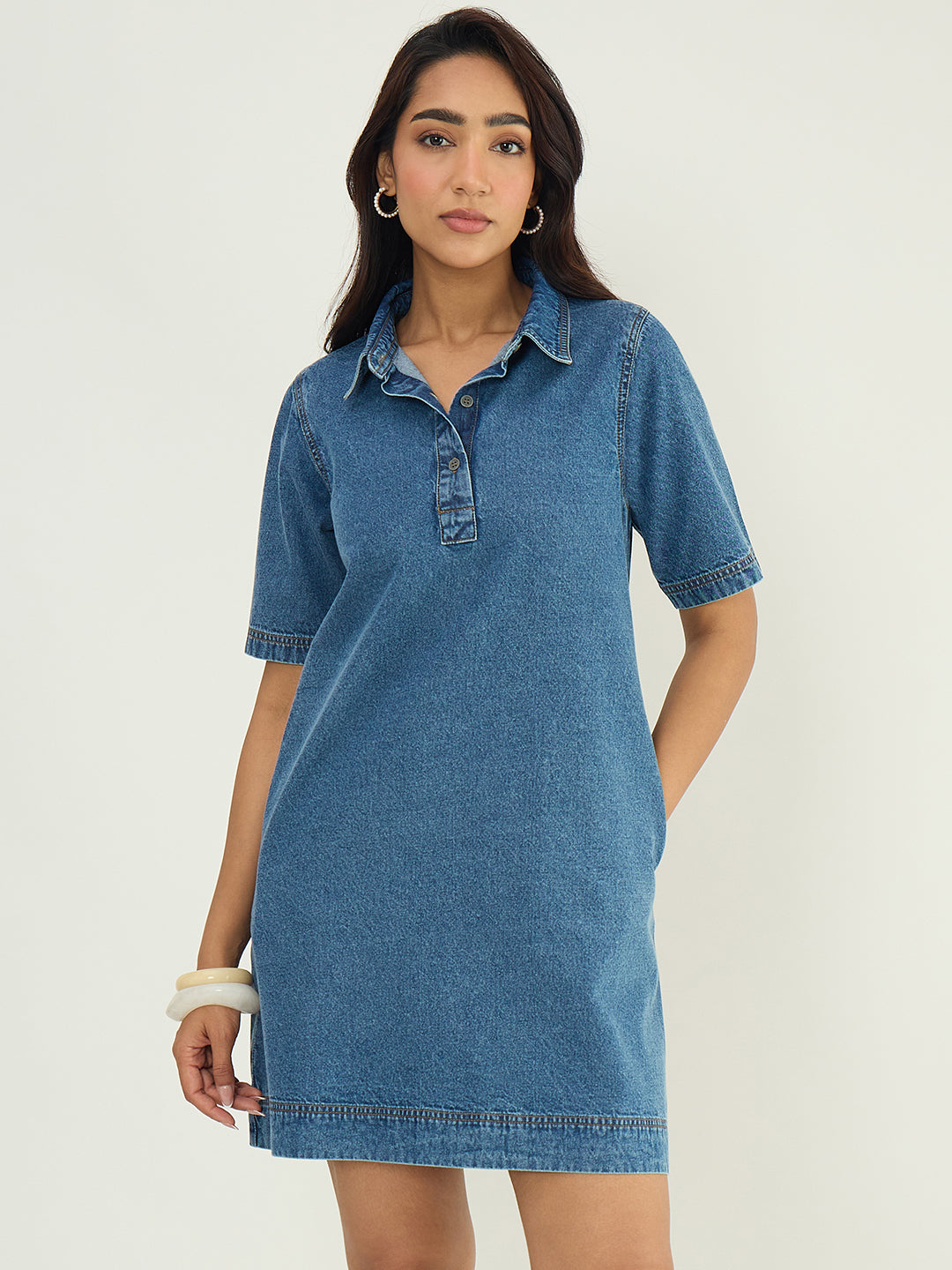 DenimClassic Acid Blue Half Buttoned Mini Dress