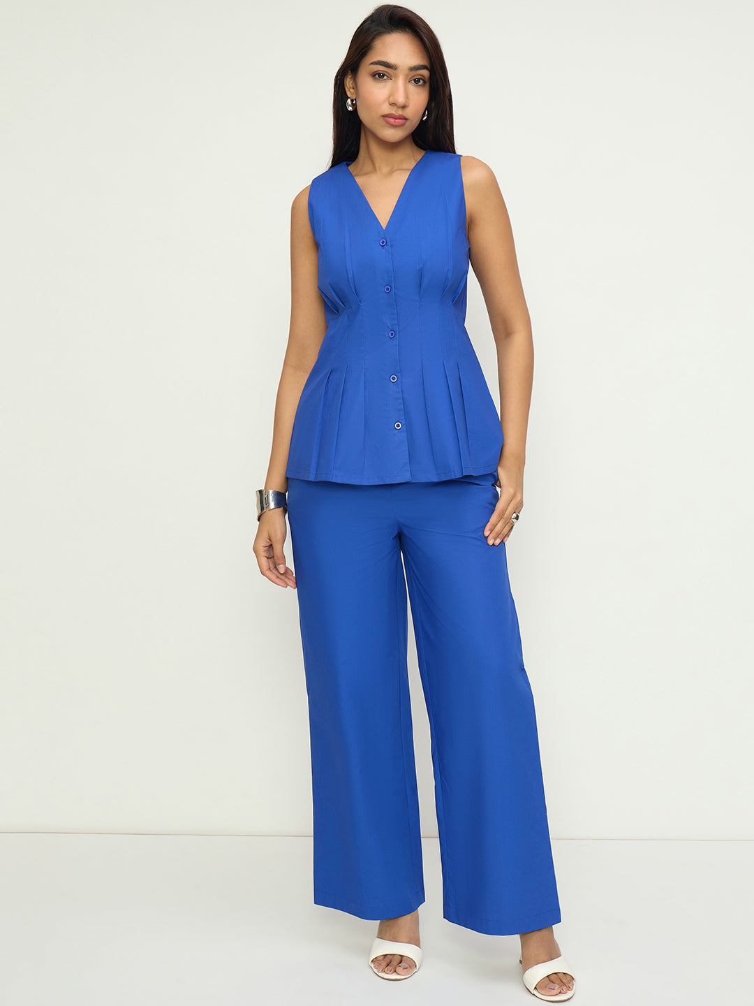 Royal Blue Poplin Pleat Detail Co-Ord Set