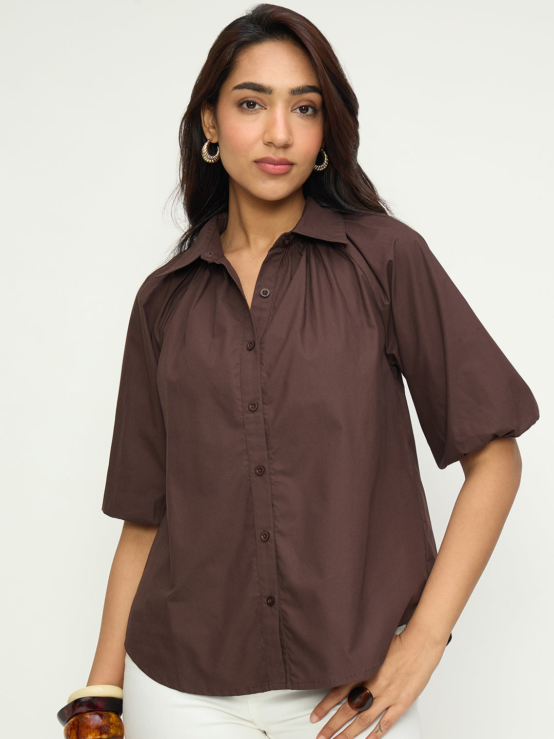 Coffee Brown Poplin Raglan Sleeve Shirt