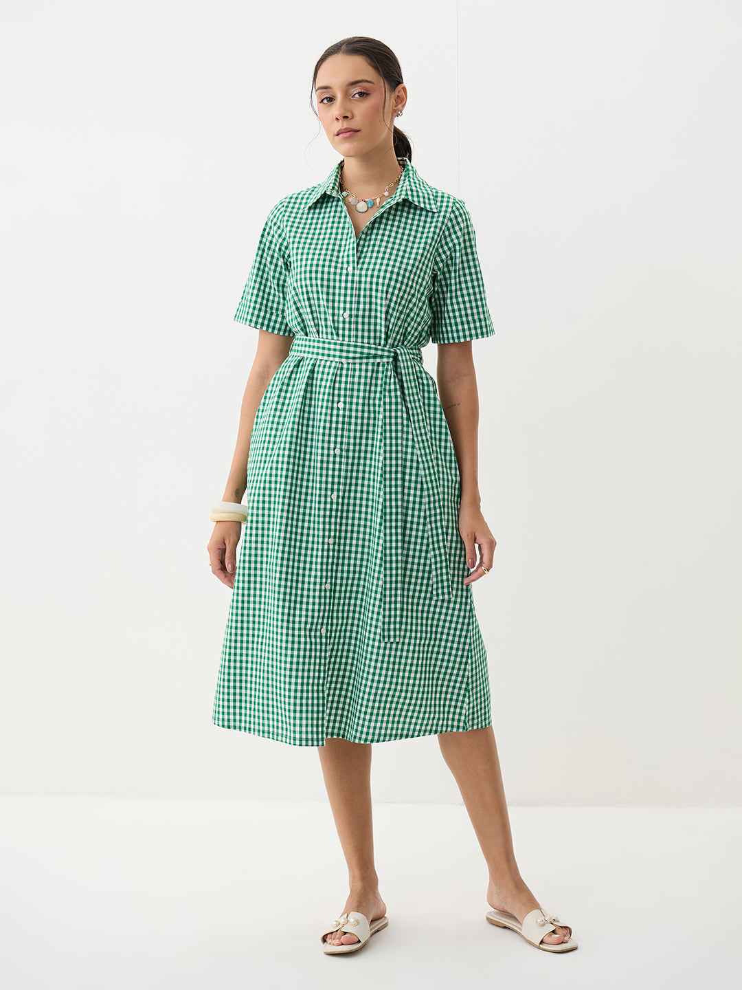 Green Gingham Button Down Midi Dress