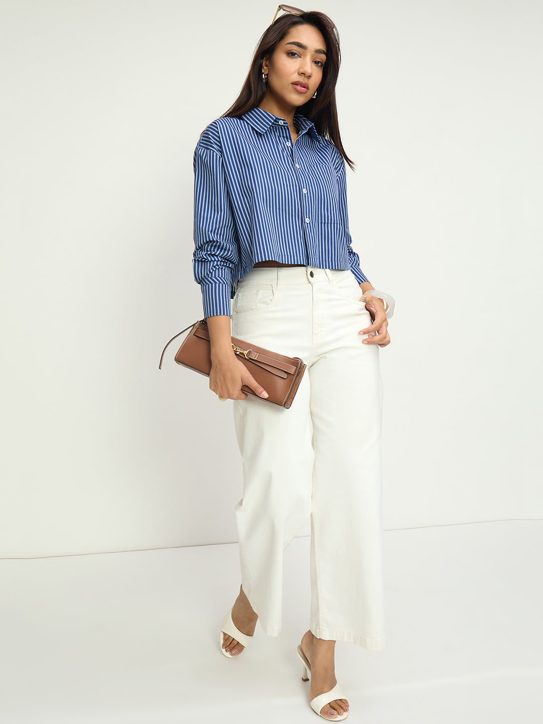 Navy Stripe Straight-Hem Crop Shirt