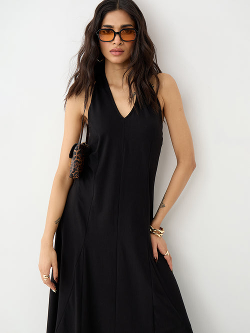 Black Knit Tie-Up Neck Maxi Dress