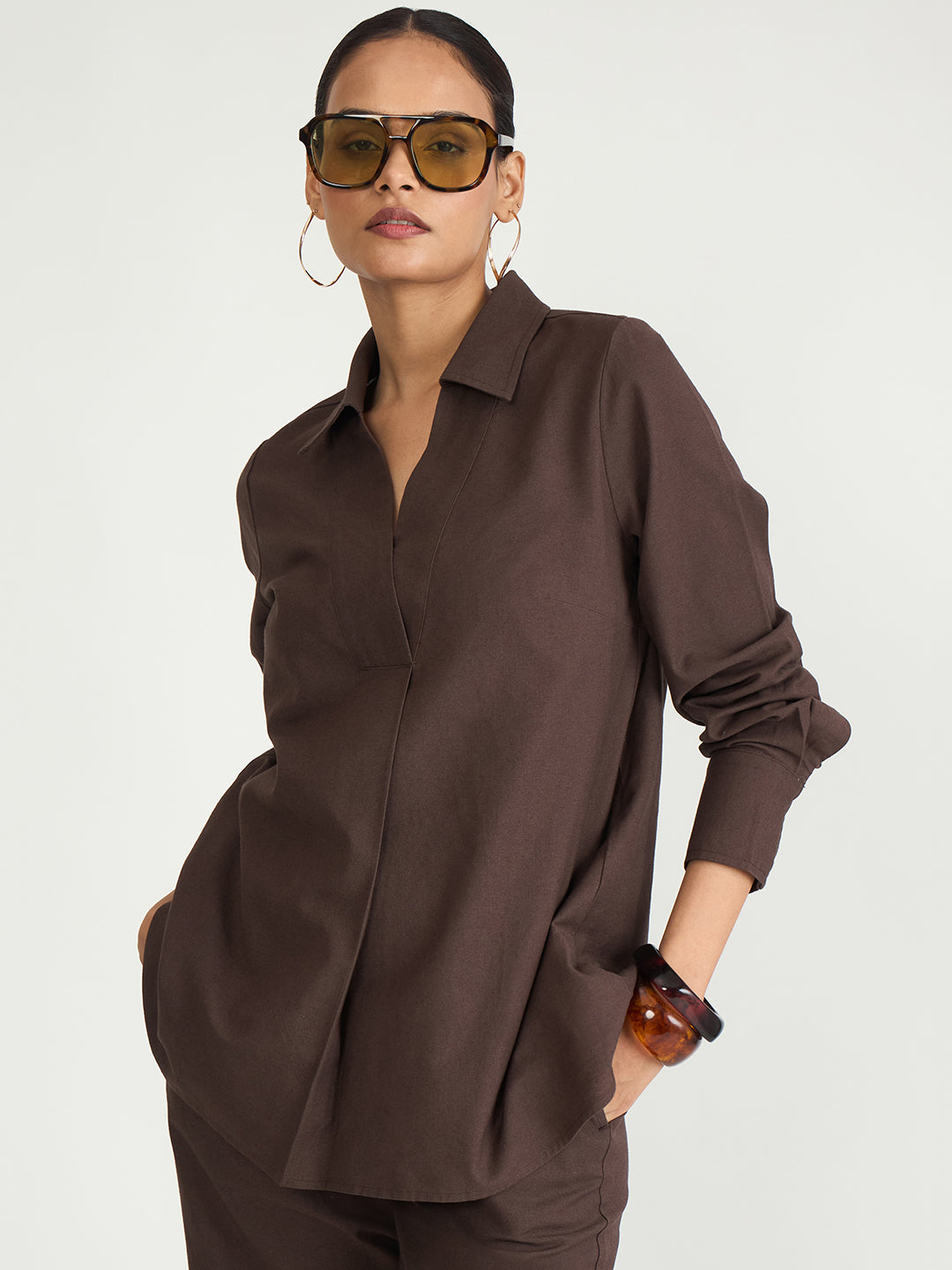 Coffee Brown Cotton Linen Pleat Detail Tunic