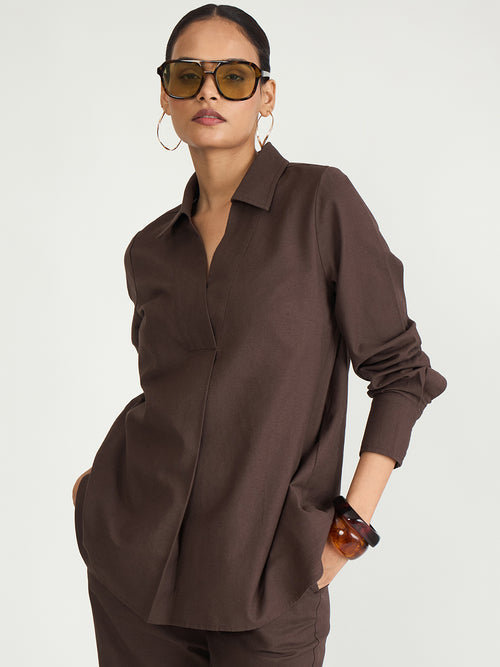 Coffee Brown Cotton Linen Pleat Detail Tunic