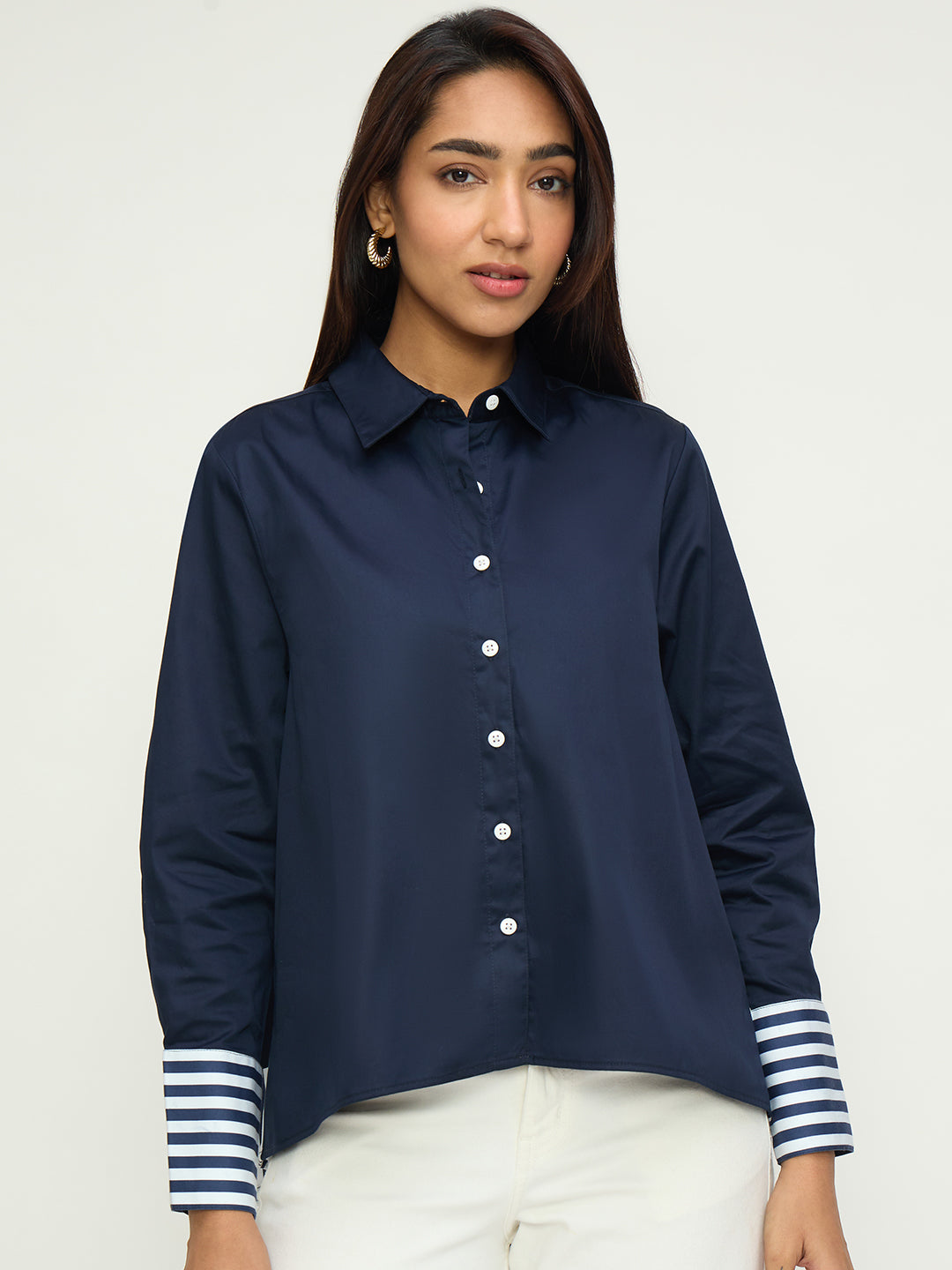 Navy Cotton With Stripes Detail Shirt