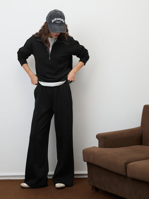 Black Wide Leg Fleece Trackpants