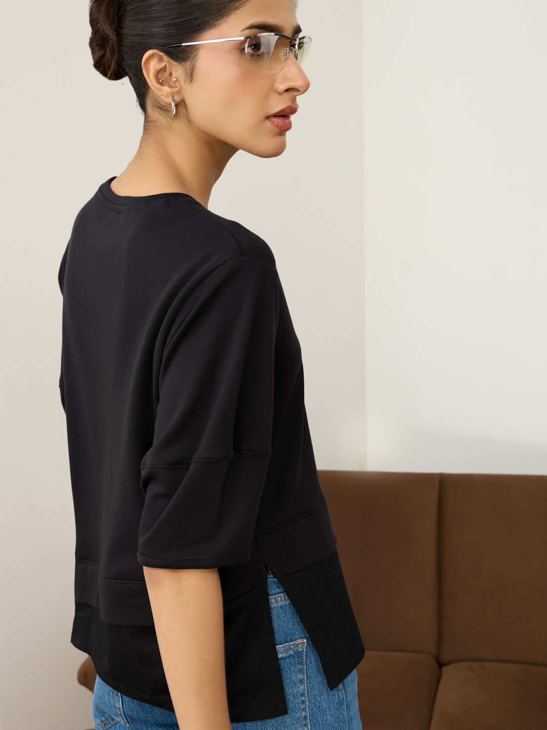 Black Poplin-Panelled T-Shirt