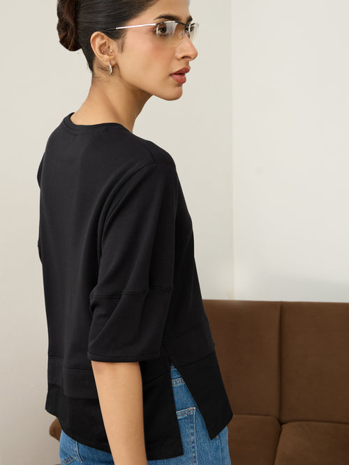 Black Poplin-Panelled T-Shirt