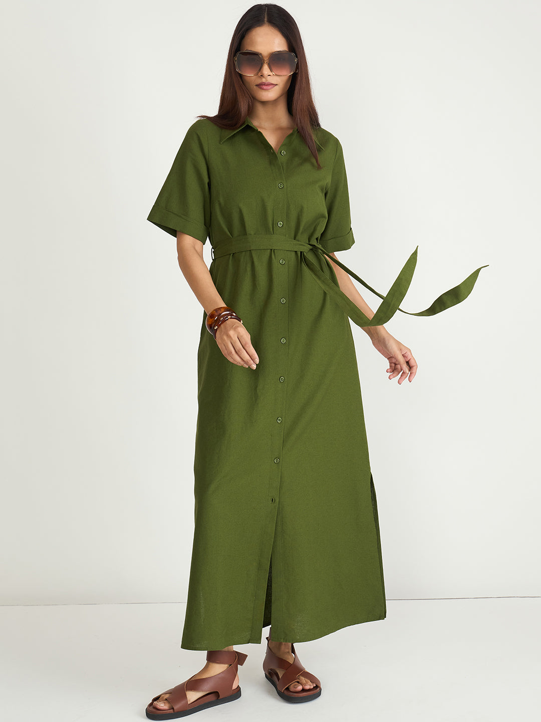 Olive Cotton Linen Maxi Shirt Dress