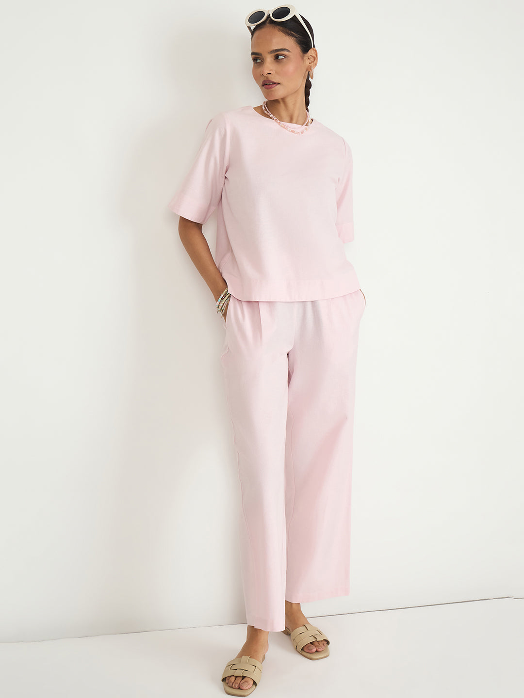 Baby Pink Cotton Linen Straight Pants
