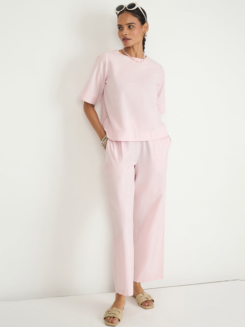 Baby Pink Cotton Linen Straight Pants