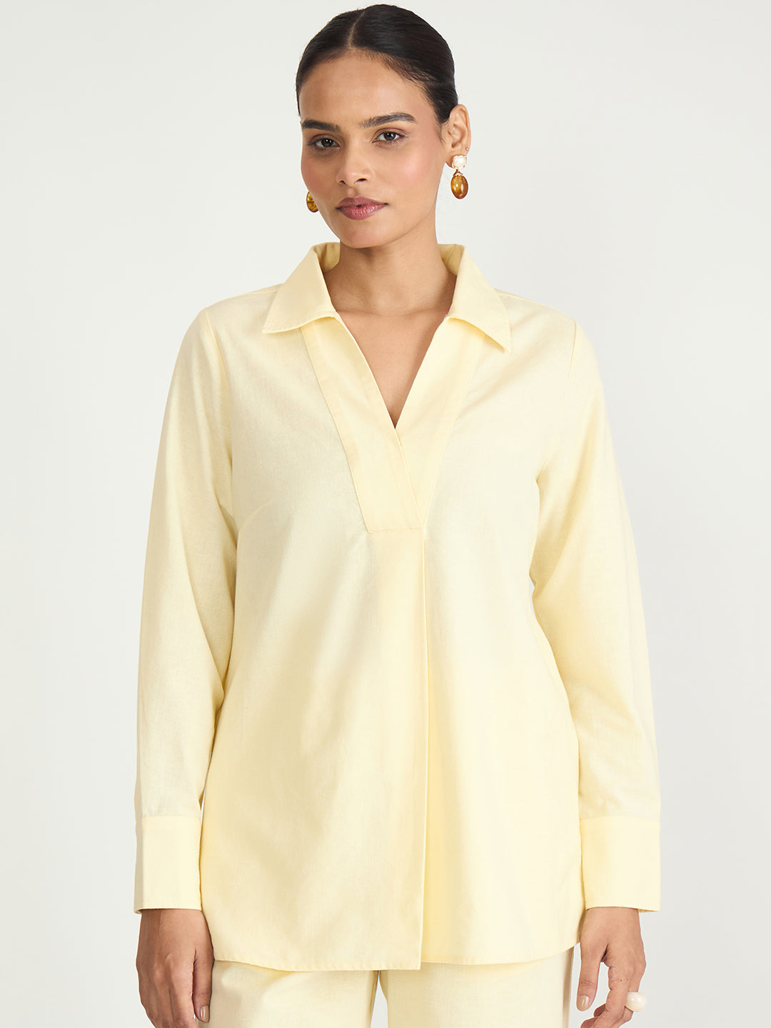 Butter Yellow Cotton Linen Pleat Detail Tunic