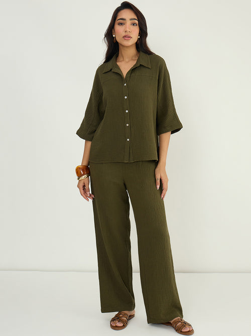 CloudComfort Gauze Olive Ash Shirt Co-ord Set