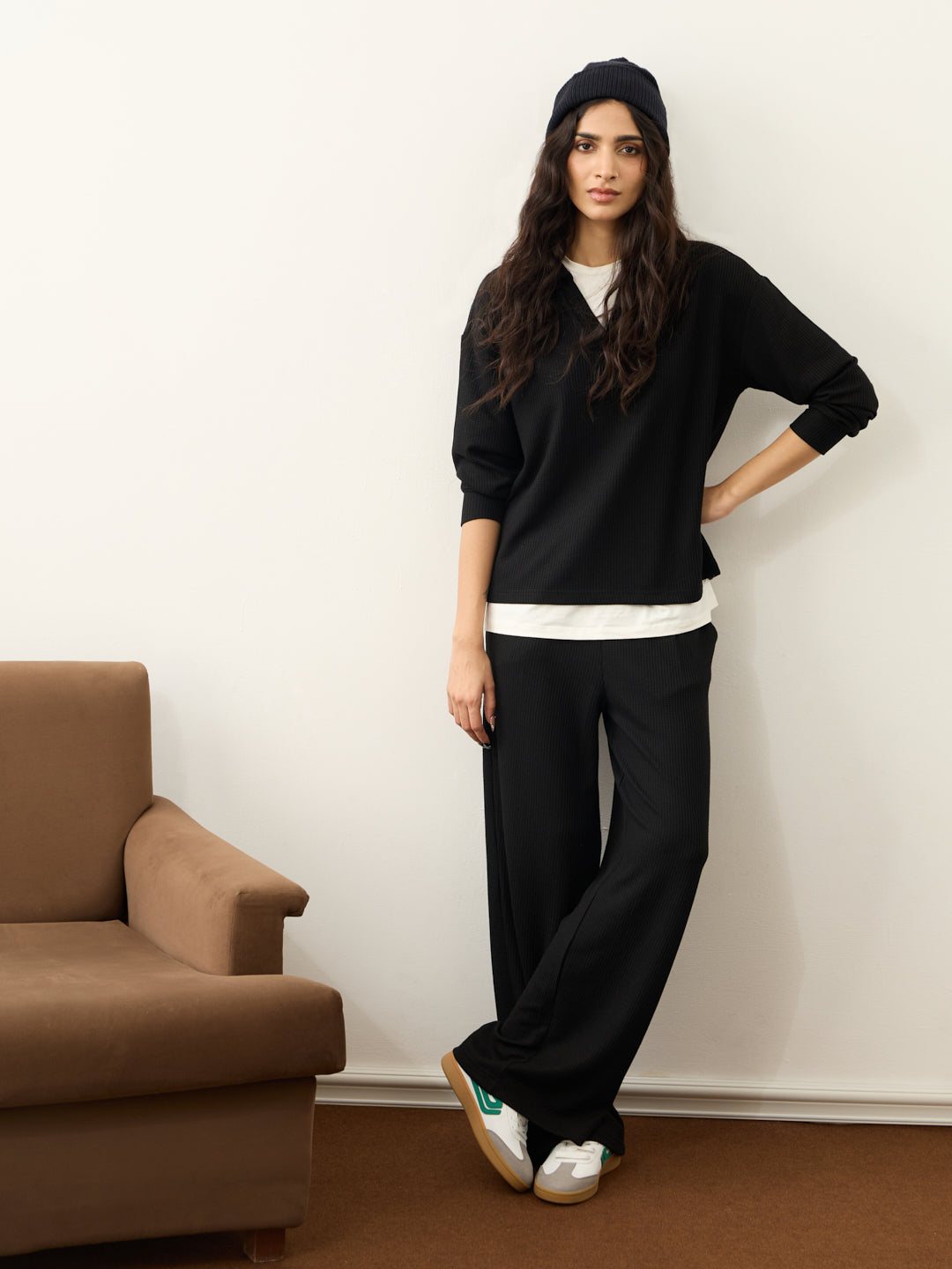 Black Waffle Collared Co-Ord Set
