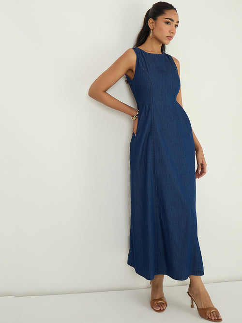 Navy Side Gather Detail Denim Maxi Dress