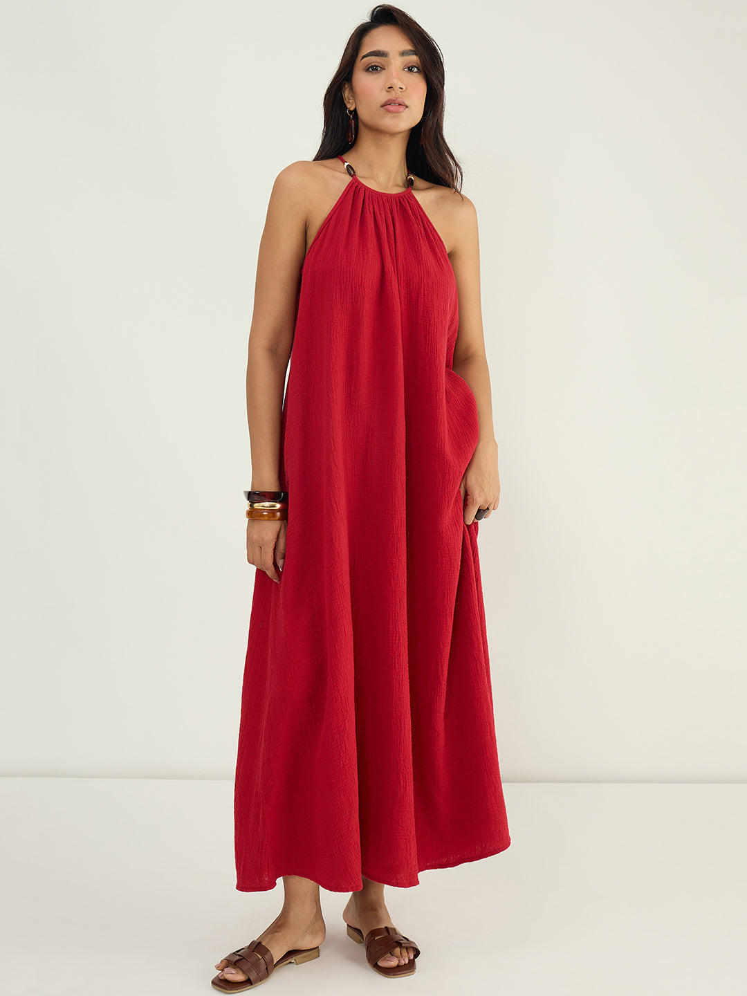CloudComfort Gauze Red Halter Maxi Dress