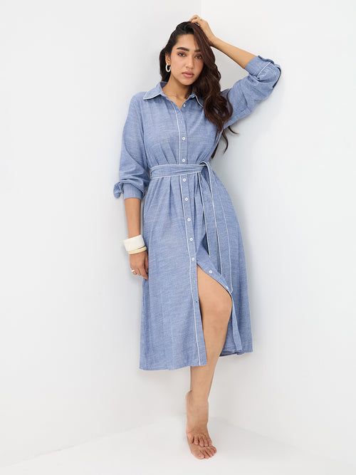 Blue Chambray Colorblock Shirt Midi Dress
