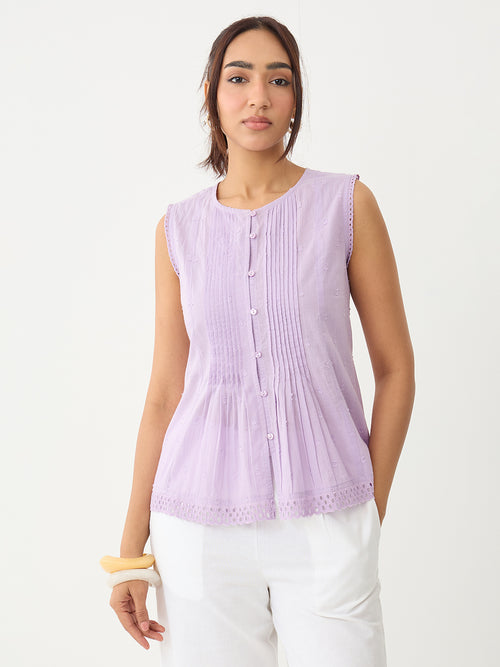 Lilac Pleated Peplum Dobby Top
