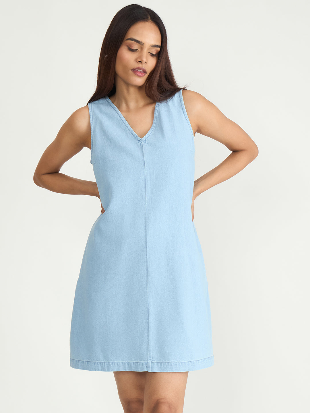 Ice Blue Denim A-Line Mini Dress