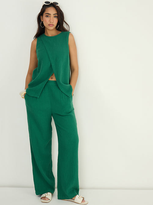 Bright Green Cotton Gauze Wrap Detail Co-Ord Set