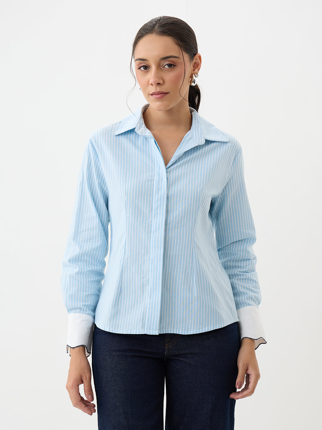 Blue Stripe Colorblock Pleated Shirt
