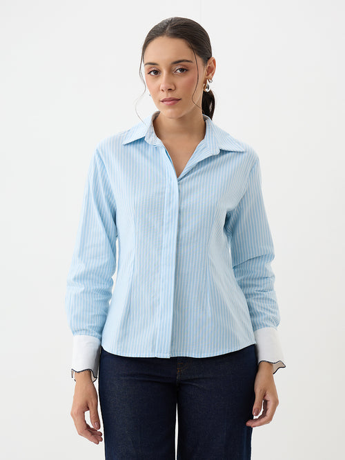 Blue Stripe Colorblock Pleated Shirt