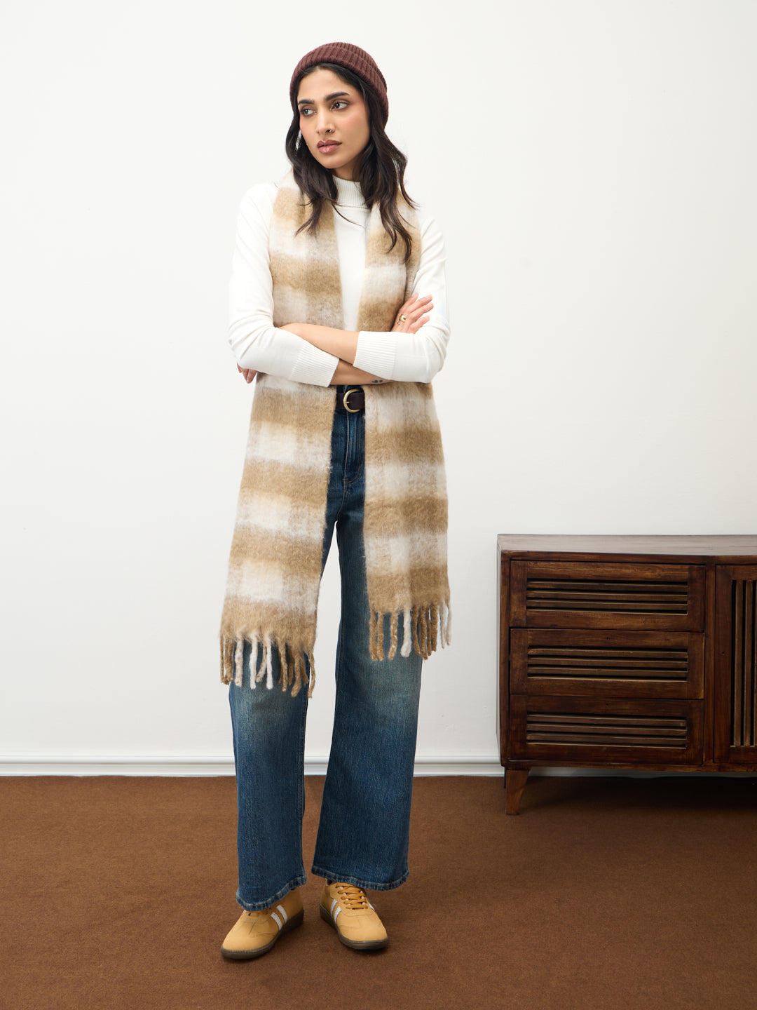 Beige Check Fringed Scarf