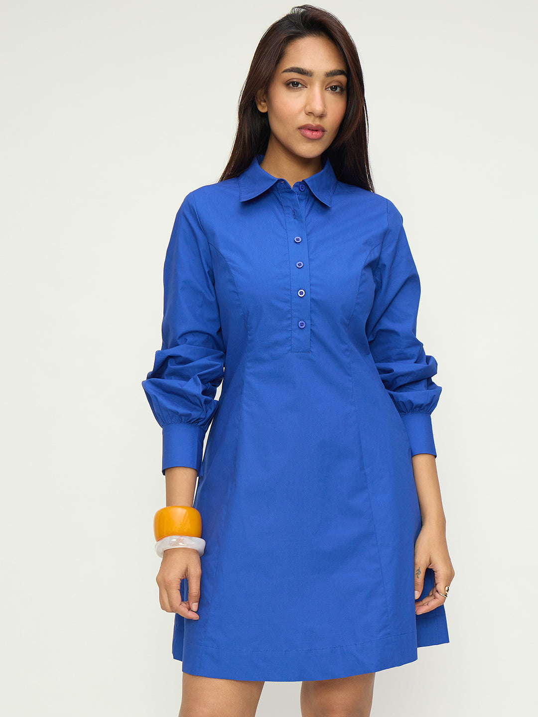 CrispCotton Royal Blue Panel Detail Mini Dress