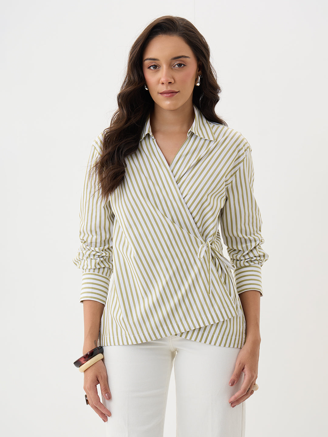 Olive Stripe Asymmetric Wrap Top