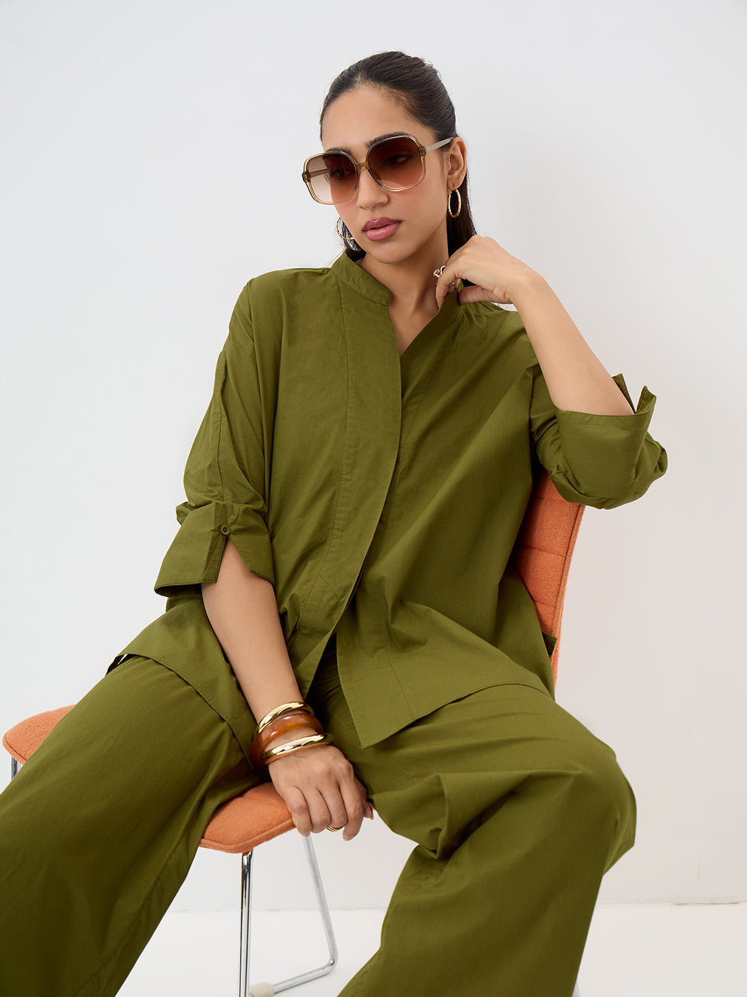 Olive Poplin Longline Shirt And Pants Co-Ord
