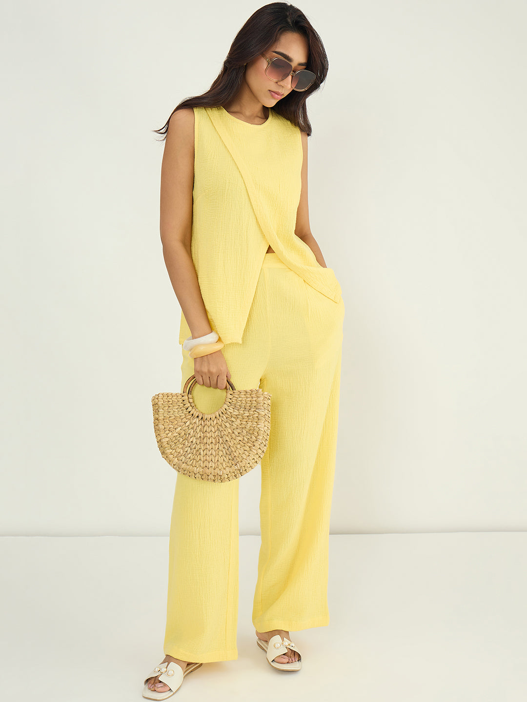 Yellow Cotton Gauze Wrap Detail Co-Ord Set
