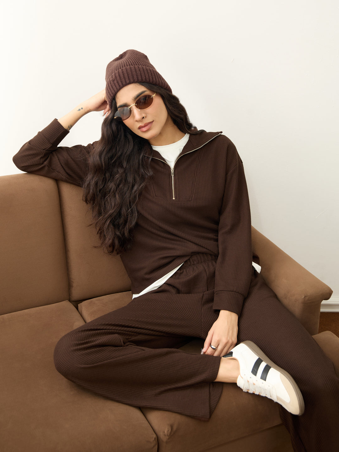 Brown Waffle Zip Yoke Detail Co-Ord Set