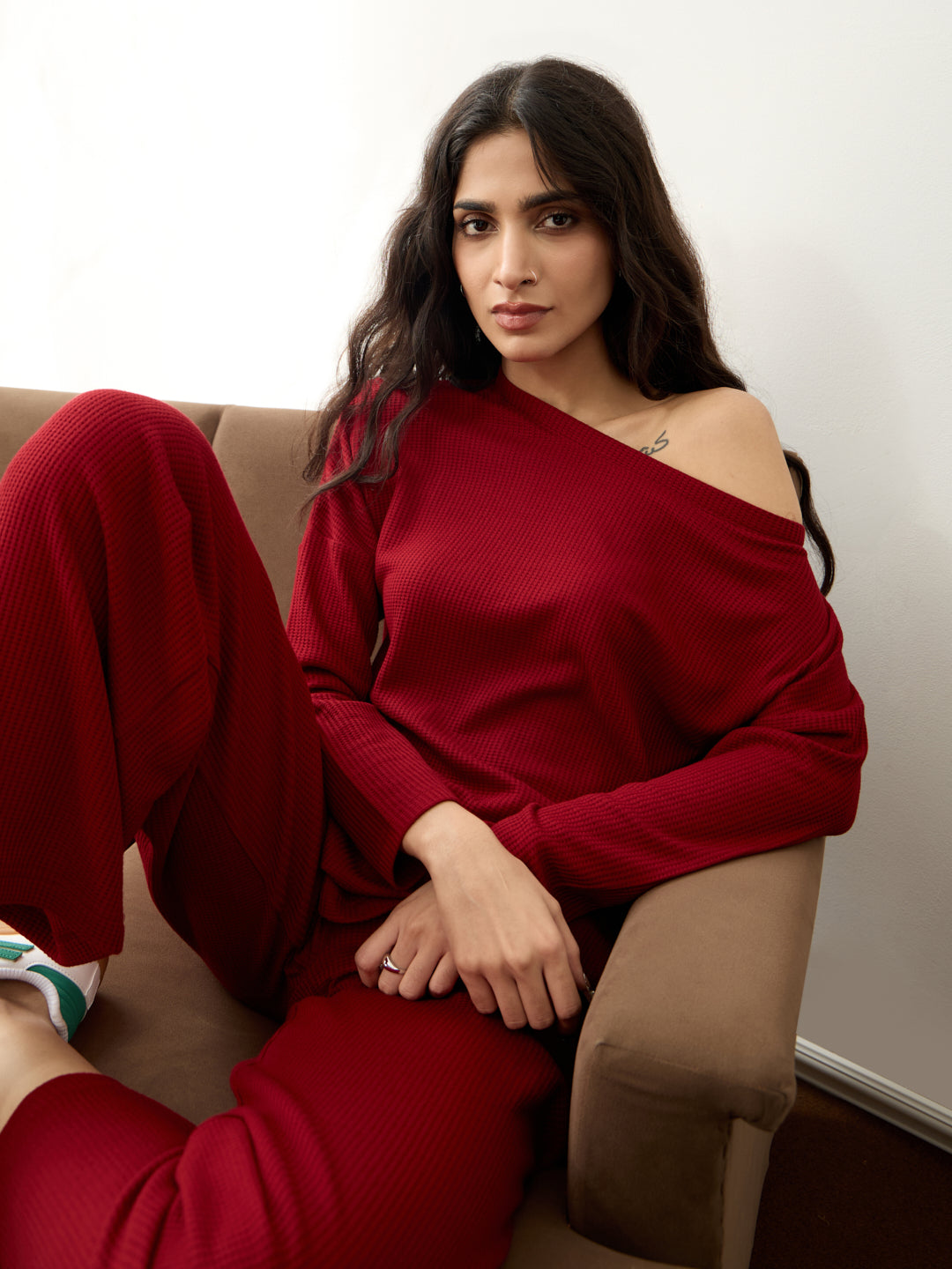 Deep Red Waffle One Shoulder Co-Ord Set