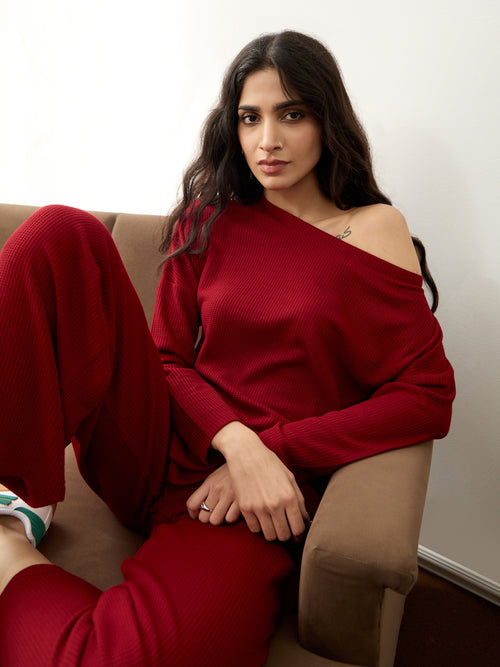 Deep Red Waffle One Shoulder Co-Ord Set