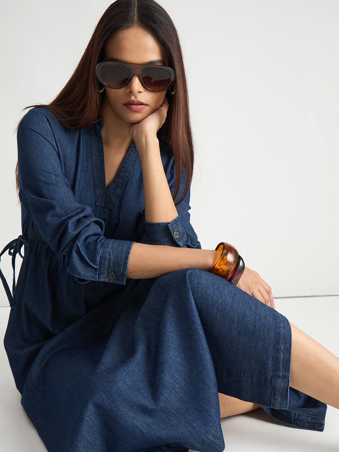 Navy Blue Drawstring Detail Denim Maxi Dress