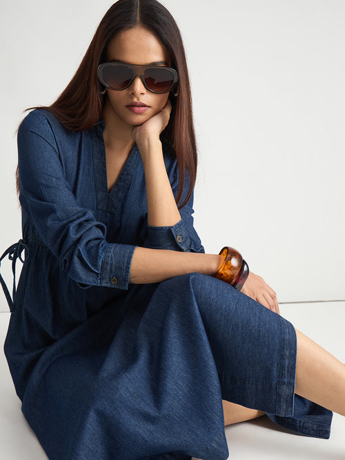 Navy Blue Drawstring Detail Denim Maxi Dress