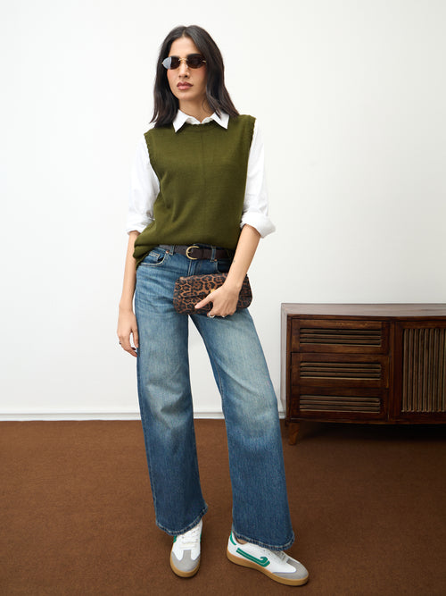 Olive Scallop Detail Sweater Vest