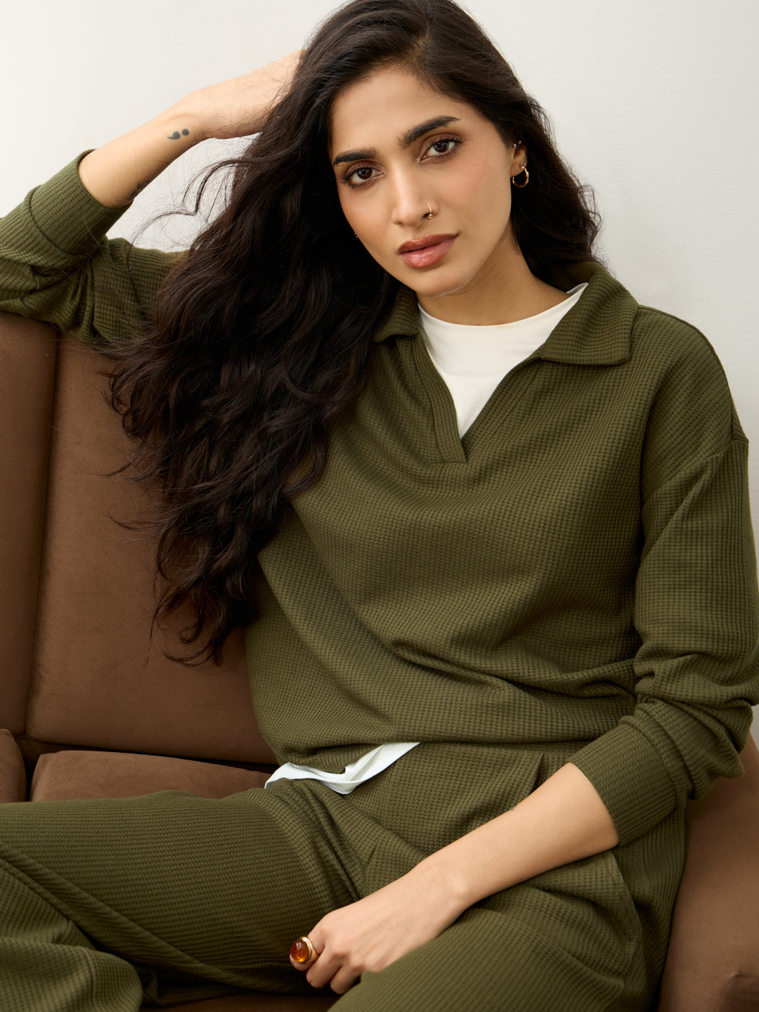 Olive Waffle Collared Co-Ord Set