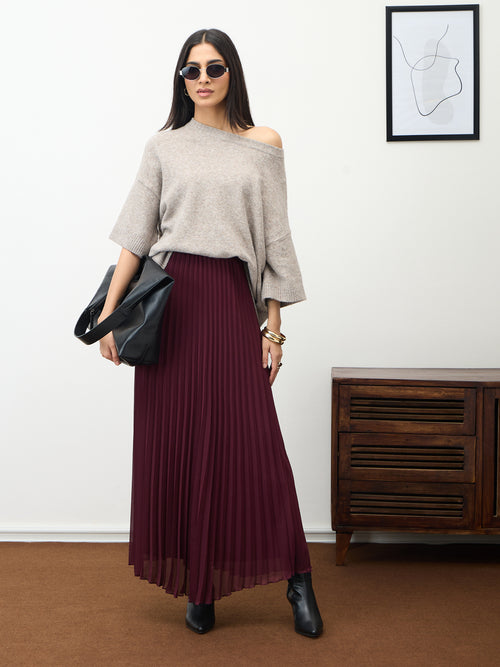 Wine Pleated Maxi Skirt