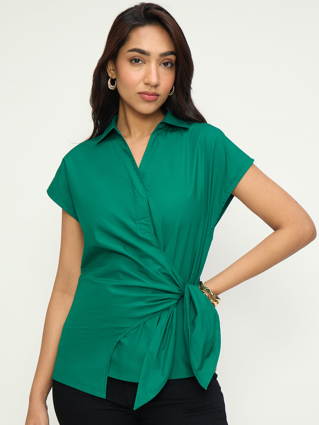 Green Poplin Wrap Top