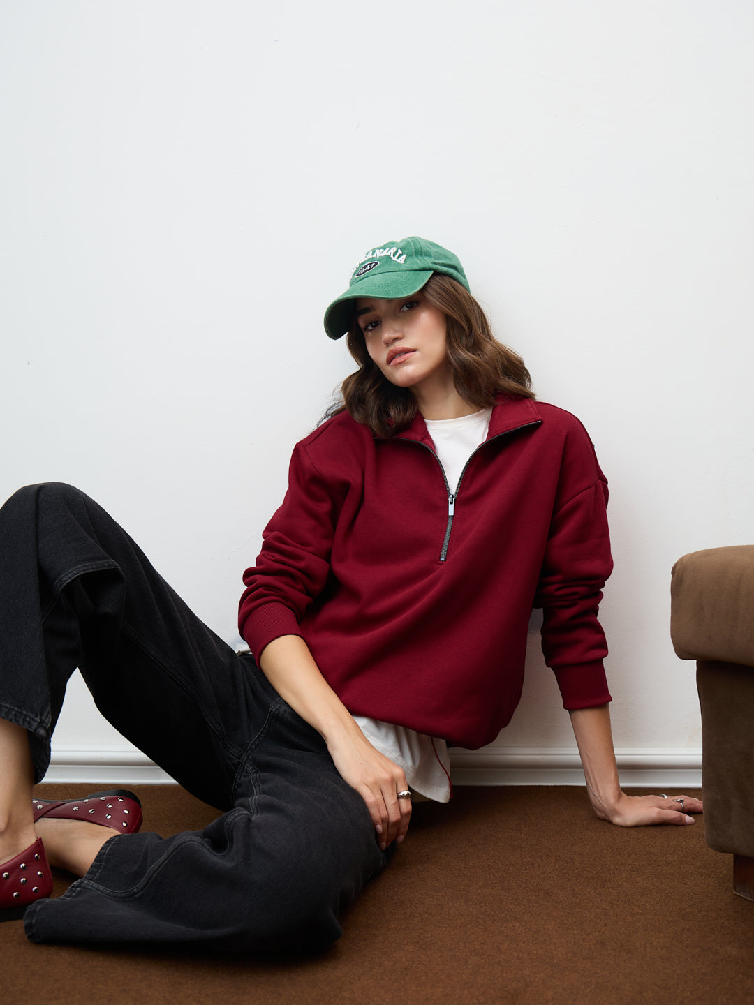 Red Half Zipper Fleece Crop Sweatshirt